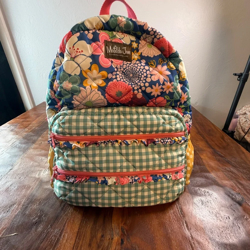 Matilda Jane Quilted Floral Gingham Ruffle Backpack Colorful Mixed Print Bag